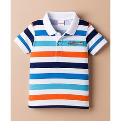 Babyhug 100% Cotton Knit Half Sleeves Polo T-Shirt with Stripes & California Text Print - White
