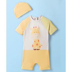 Babyhug Raglan Half Sleeves Giraffe Printed Legged Swimsuit With Cap - Light Yellow & White