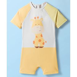 Babyhug Raglan Half Sleeves Giraffe Printed Legged Swimsuit With Cap - Light Yellow & White
