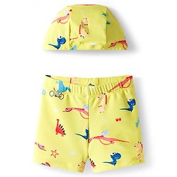 Babyhug Dino Printed Swimming Trunk With Cap - Yellow