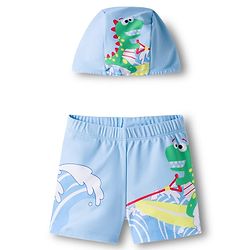 Babyhug Dino Printed Swimming Trunk With Cap - Light Blue