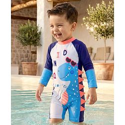 Babyhug Full Raglan Sleeves Legged Swimsuit With Dino Print - Navy Blue