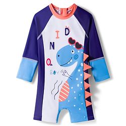 Babyhug Full Raglan Sleeves Legged Swimsuit With Dino Print - Navy Blue