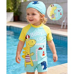 Babyhug Half Raglan Sleeves Legged Swimsuit With Dino Print & Cap - Light Blue