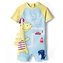 Babyhug Half Raglan Sleeves Legged Swimsuit With Dino Print & Cap - Light Blue