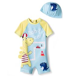 Babyhug Half Raglan Sleeves Legged Swimsuit With Dino Print & Cap - Light Blue