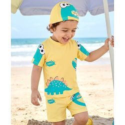 Babyhug Raglan Half Sleeves Dino Printed T-Shirt & Shorts Swimsuit With Cap - Yellow