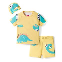 Babyhug Raglan Half Sleeves Dino Printed T-Shirt & Shorts Swimsuit With Cap - Yellow