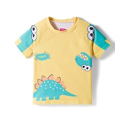 Babyhug Raglan Half Sleeves Dino Printed T-Shirt & Shorts Swimsuit With Cap - Yellow