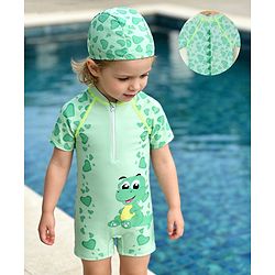 Babyhug Half Raglan Sleeves Legged Swimsuit With Dino Print & Cap - Sea Green