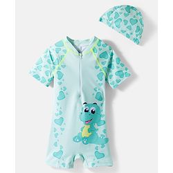 Babyhug Half Raglan Sleeves Legged Swimsuit With Dino Print & Cap - Sea Green