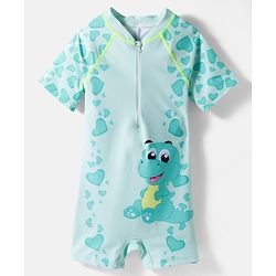 Babyhug Half Raglan Sleeves Legged Swimsuit With Dino Print & Cap - Sea Green