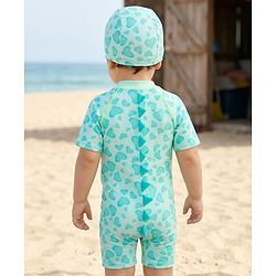 Babyhug Half Raglan Sleeves Legged Swimsuit With Dino Print & Cap - Sea Green