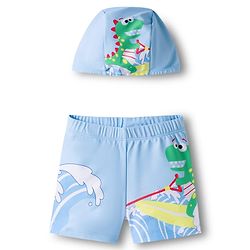 Babyhug Dino Printed Swimming Trunk With Cap - Light Blue