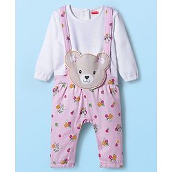 Babyhug 100% Cotton Knit Full Sleeves Floral Printed Romper With Teddy Bear Patch & Hairband - Light Pink