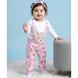 Babyhug 100% Cotton Knit Full Sleeves Floral Printed Romper With Teddy Bear Patch & Hairband - Light Pink