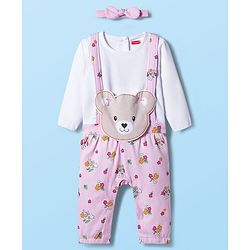 Babyhug 100% Cotton Knit Full Sleeves Floral Printed Romper With Teddy Bear Patch & Hairband - Light Pink