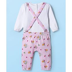 Babyhug 100% Cotton Knit Full Sleeves Floral Printed Romper With Teddy Bear Patch & Hairband - Light Pink