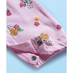Babyhug 100% Cotton Knit Full Sleeves Floral Printed Romper With Teddy Bear Patch & Hairband - Light Pink
