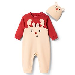 Babyhug 100% Cotton Knit Full Sleeves Romper With Cap & Deer Applique - Beige
