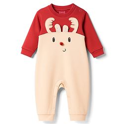 Babyhug 100% Cotton Knit Full Sleeves Romper With Cap & Deer Applique - Beige