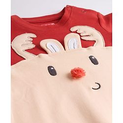 Babyhug 100% Cotton Knit Full Sleeves Romper With Cap & Deer Applique - Beige