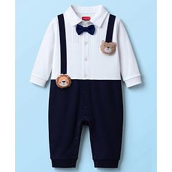 Babyhug 100% Cotton Knit Full Sleeves Romper With Animal & Bow Applique - Navy Blue & White