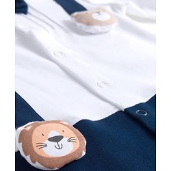 Babyhug 100% Cotton Knit Full Sleeves Romper With Animal & Bow Applique - Navy Blue & White