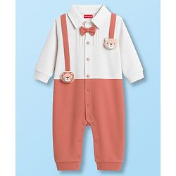 Babyhug 100% Cotton Knit Full Sleeves Romper With Animal & Bow Applique - Brown