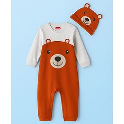 Babyhug 100% Cotton Knit Full Sleeves Romper With Cap Bear Embroidery & Applique - Brown