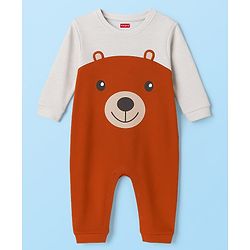 Babyhug 100% Cotton Knit Full Sleeves Romper With Cap Bear Embroidery & Applique - Brown