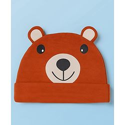 Babyhug 100% Cotton Knit Full Sleeves Romper With Cap Bear Embroidery & Applique - Brown