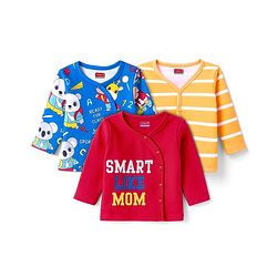 Babyhug 100% Cotton Knit Full Sleeves Front Open Jhablas with Animal Print & Stripes Pack of 3 - Red Blue & Yellow