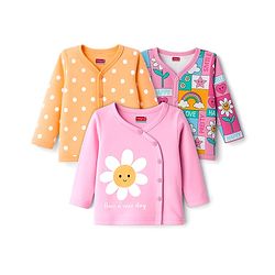 Babyhug 100% Cotton Knit Full Sleeves Front Open Jhablas with Floral & Polka Dot Print Pack of 3 - Pink & Orange