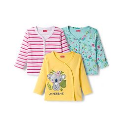 Babyhug 100% Cotton Knit Full Sleeves Front Open Jhablas With Stripe & Animal Print Pack of 3 - Pink Aqua Blue & Yellow