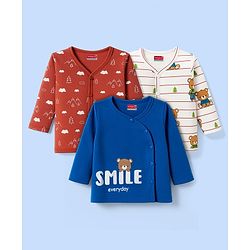 Babyhug 100% Cotton Knit Full Sleeves Front Open Jhablas with Animal Print & Stripes Pack of 3 - Rust Orange White & Blue