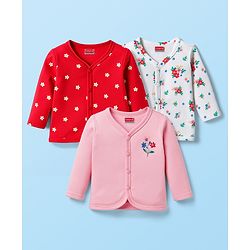Babyhug 100% Cotton Knit Full Sleeves Front Open Jhablas with Floral Print Pack of 3 - Pink Red & White