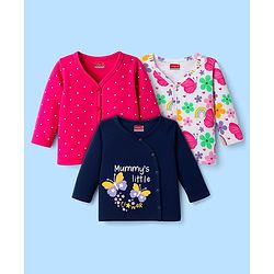 Babyhug 100% Cotton Knit Full Sleeves Front Open Jhablas with Tropical Theme Print Pack of 3 - White Navy Blue & Pink
