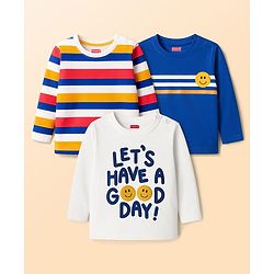 Babyhug 100 % Cotton Knit Full Sleeves T-Shirt with Stripes & Lets Have A Good Day Text Print Pack of 3 - Red White & Blue