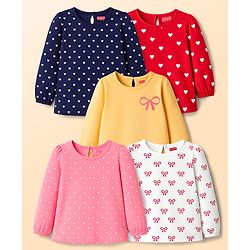 Babyhug 100 % Cotton Knit Full Sleeves T-Shirts with Heart Bow & Polka Dot Print Pack of 5 - Pink White & Navy Blue