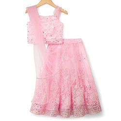 Babyhug Woven Sleeveless Mesh Choli Lehenga Set Dupatta Embroidery & Sequin Detailing - Pink