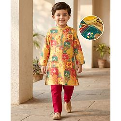 Babyhug Woven Full Sleeves Kurta Pyjama Set With Floral Print - Mustard & Red