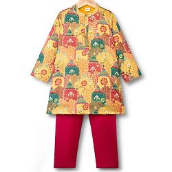 Babyhug Woven Full Sleeves Kurta Pyjama Set With Floral Print - Mustard & Red
