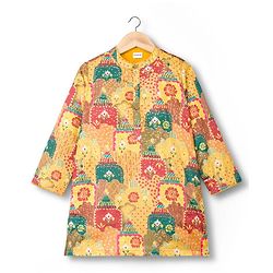 Babyhug Woven Full Sleeves Kurta Pyjama Set With Floral Print - Mustard & Red