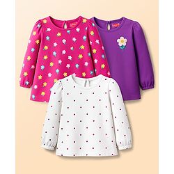Babyhug Cotton Knit Full Sleeves T-Shirts with Polka Dot & Floral Print Pack of 3 - Pink Purple & White