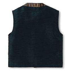Babyhug Woven Full Sleeves Kurta Pyjama Set With Floral Embroidered Nehru Jacket - Navy Blue