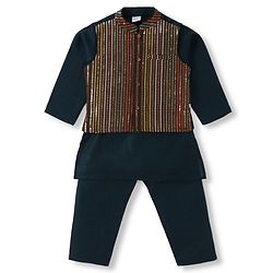 Babyhug Woven Full Sleeves Kurta Pyjama Set With Floral Embroidered Nehru Jacket - Navy Blue