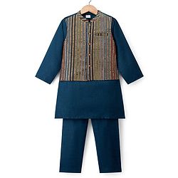 Babyhug Woven Full Sleeves Kurta Pyjama Set With Floral Embroidered Nehru Jacket - Navy Blue