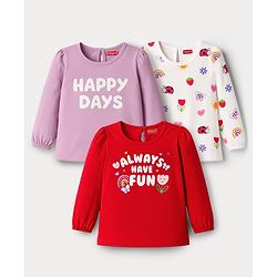Babyhug 100 % Cotton Knit Full Sleeves T-Shirt with Tropical & Happy Days Text Print Pack of 3 - Red White & Lilac