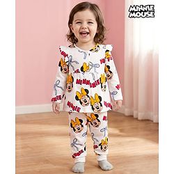 Babyhug Disney Single Jersey Knit Full Sleeves Co-ord Night Suit With Minnie Mouse Print - White